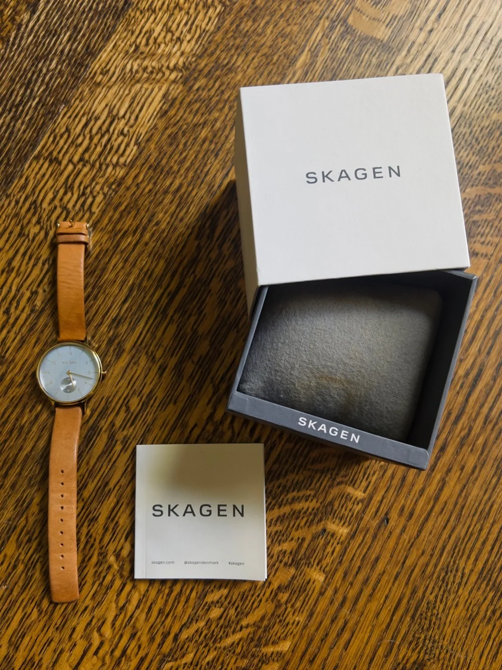 Skagen Denmark Anita Wristwatch, Leather Strap, Blue Chrome with Gold Hardware